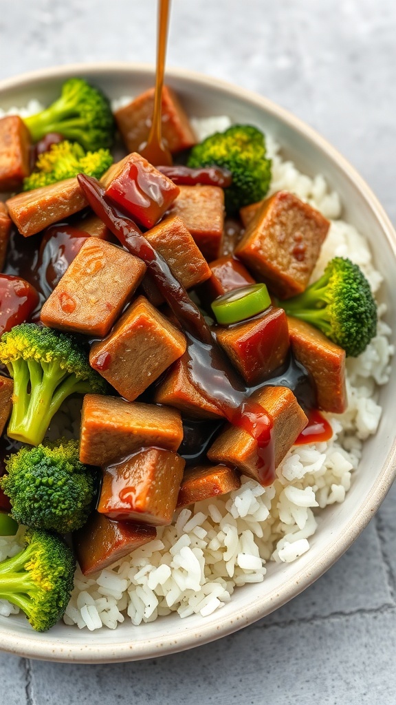A bowl of beef and broccoli stir fry served over rice, showcasing vibrant green broccoli and tender beef cubes.