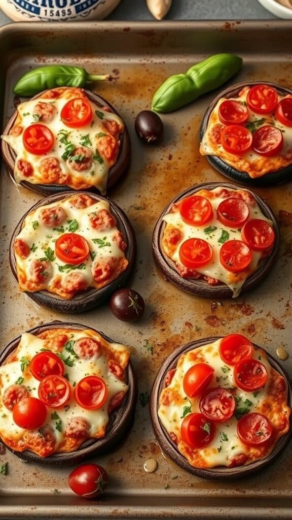 Pizza stuffed portobello mushrooms topped with cheese and cherry tomatoes on a baking tray.