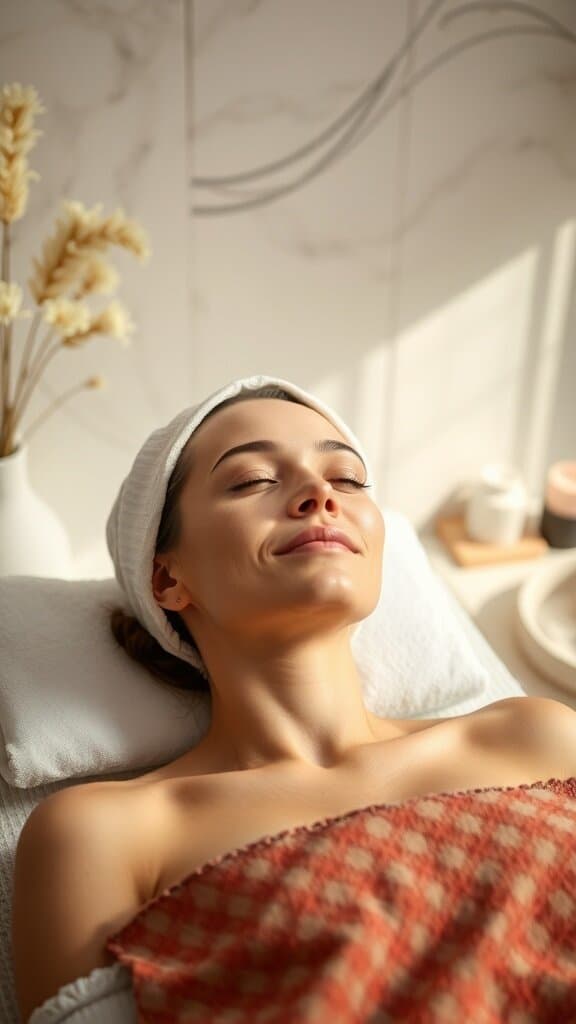 A woman receiving a facial treatment, looking relaxed and content.