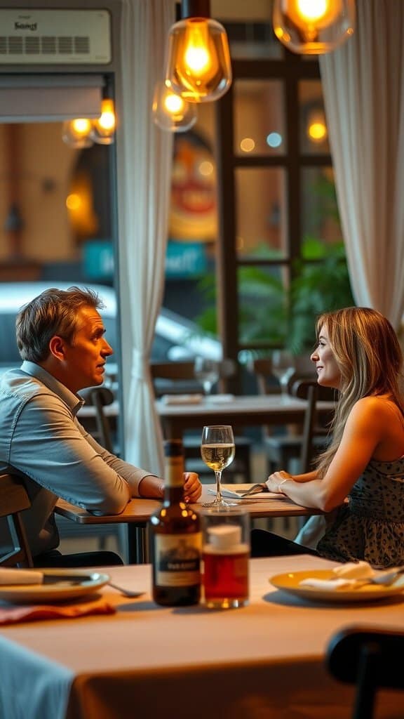 A man and woman engaged in a deep conversation over dinner in a cozy restaurant.