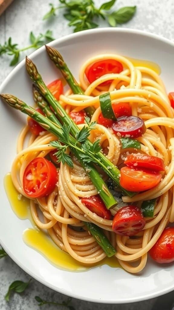 A plate of Pasta Primavera with Asparagus featuring spaghetti, asparagus, and cherry tomatoes.