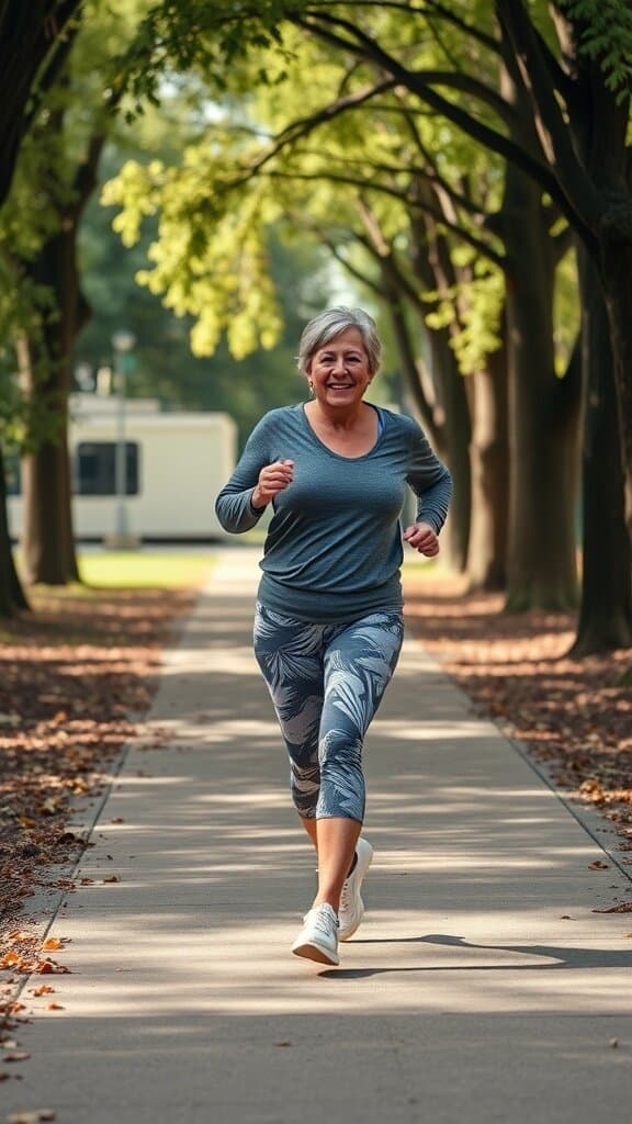 A woman jogging in a park wearing a long-sleeve top and patterned leggings.