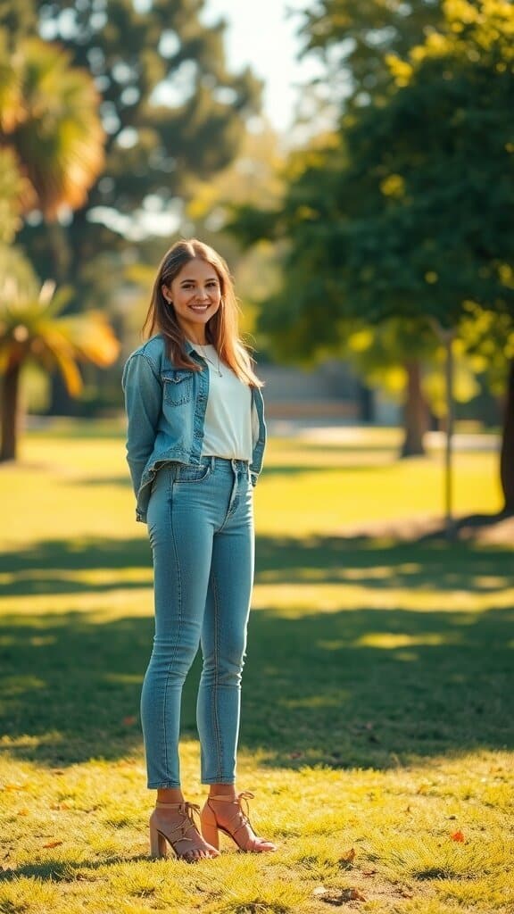 A confident woman standing in a park, wearing a denim jacket and jeans, smiling warmly.