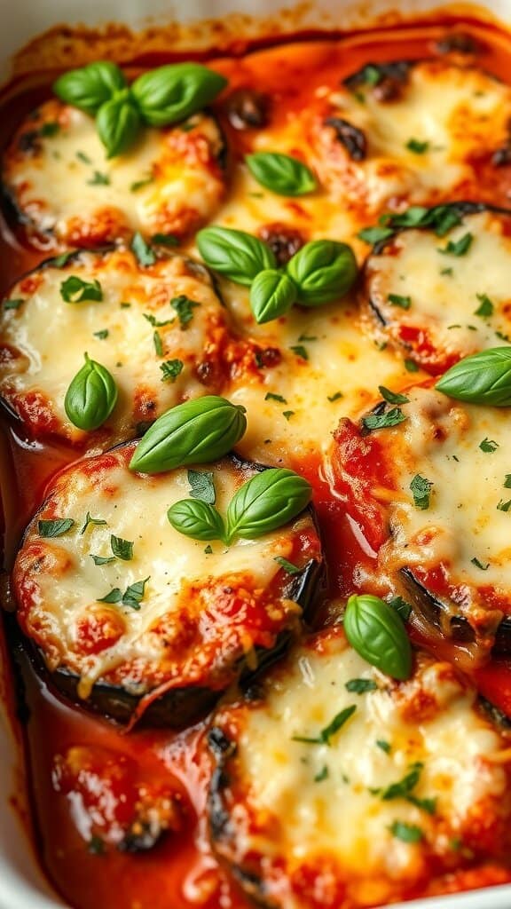 A delicious eggplant parmesan bake with melted cheese and fresh basil garnished on top.