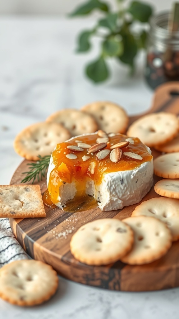 Baked Brie with apricot jam on a wooden board surrounded by crackers