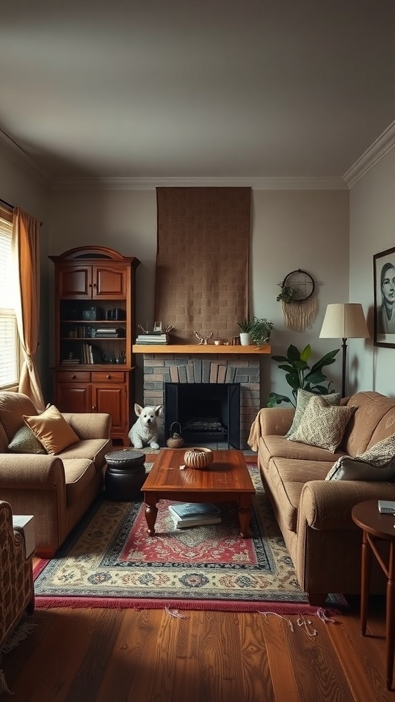 A cozy living room with a dog, showcasing a warm and inviting atmosphere.
