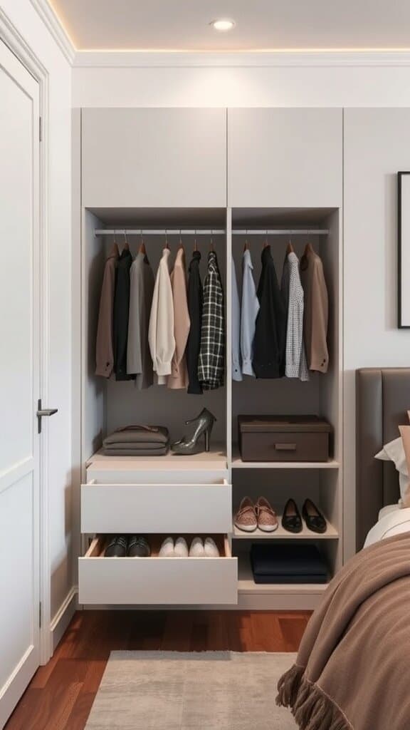 A modern bedroom wardrobe featuring pull-out drawers and hanging space for clothes.