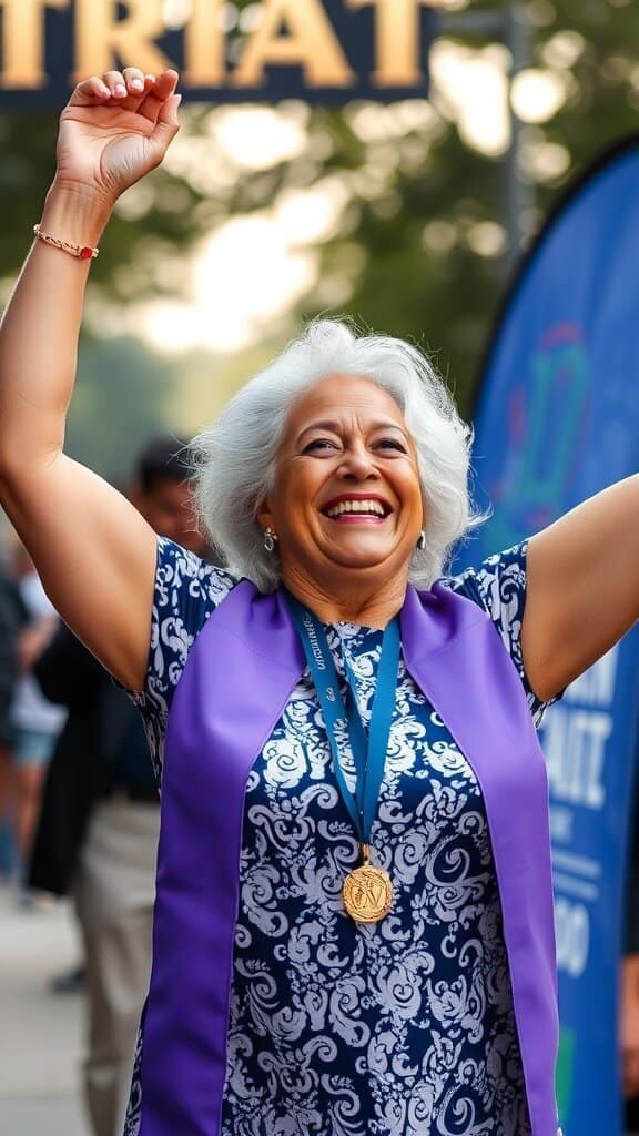 A woman celebrating her victory with a trophy and medal, showcasing confidence and achievement.
