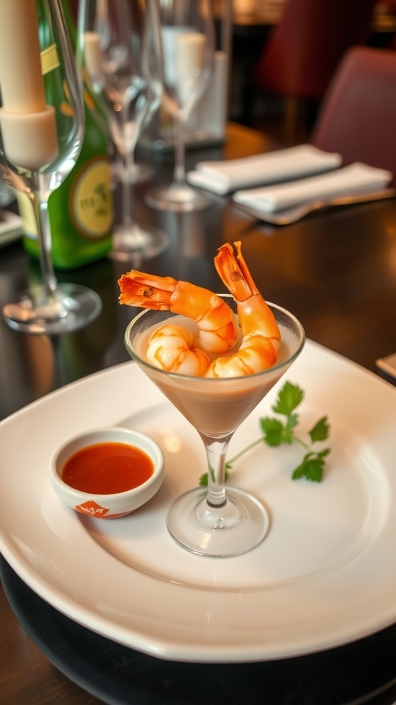 A shrimp cocktail served in a glass with cocktail sauce on the side.