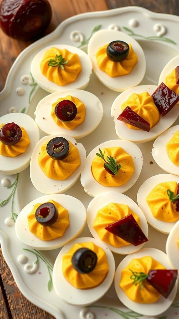 A platter of deviled eggs with unusual toppings, showcasing a mix of colors and garnishes.