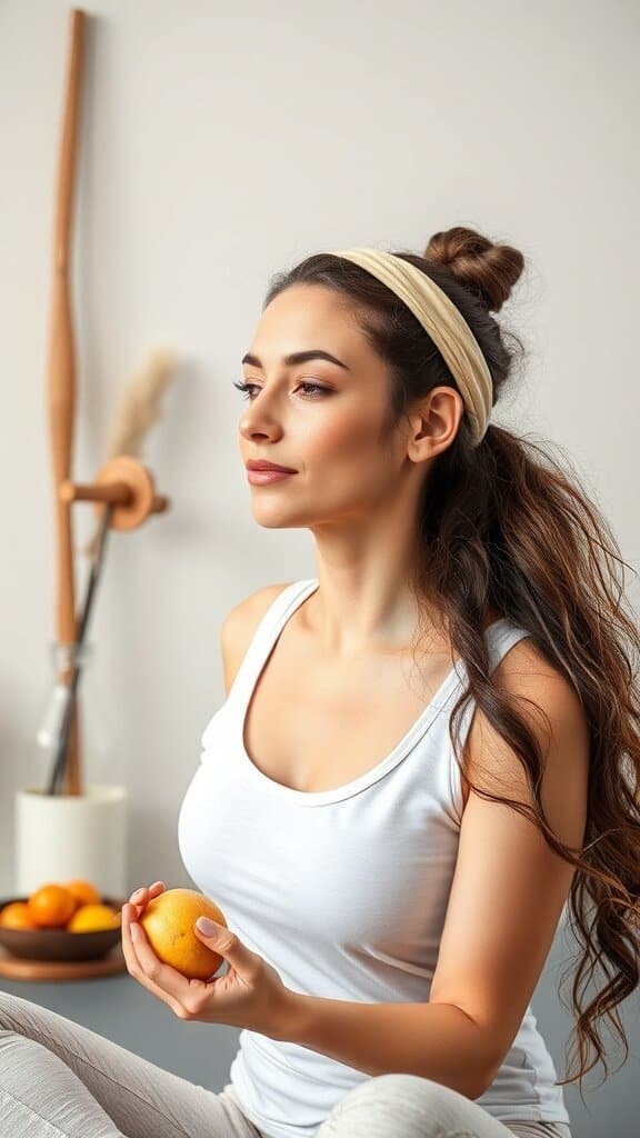 A woman sitting peacefully, holding a piece of fruit, promoting healthy lifestyle choices for skincare.