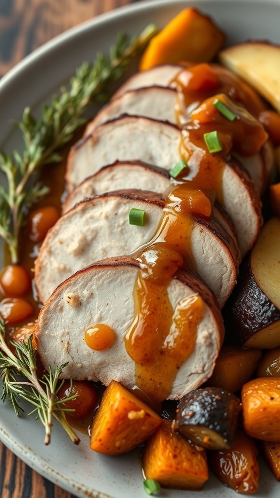Sliced pork tenderloin with apple chutney and roasted vegetables on a plate