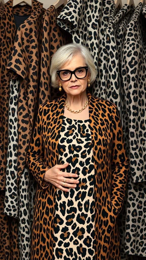 A woman in leopard print clothing stands in front of a rack of leopard print outfits.