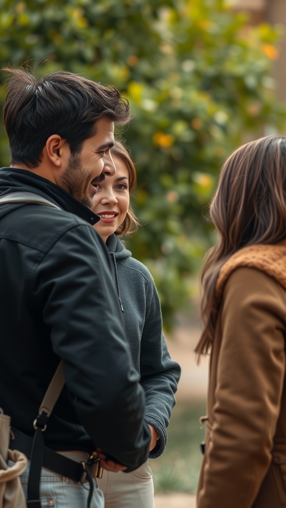 Three people engaged in a friendly conversation outdoors, smiling and enjoying each other's company.
