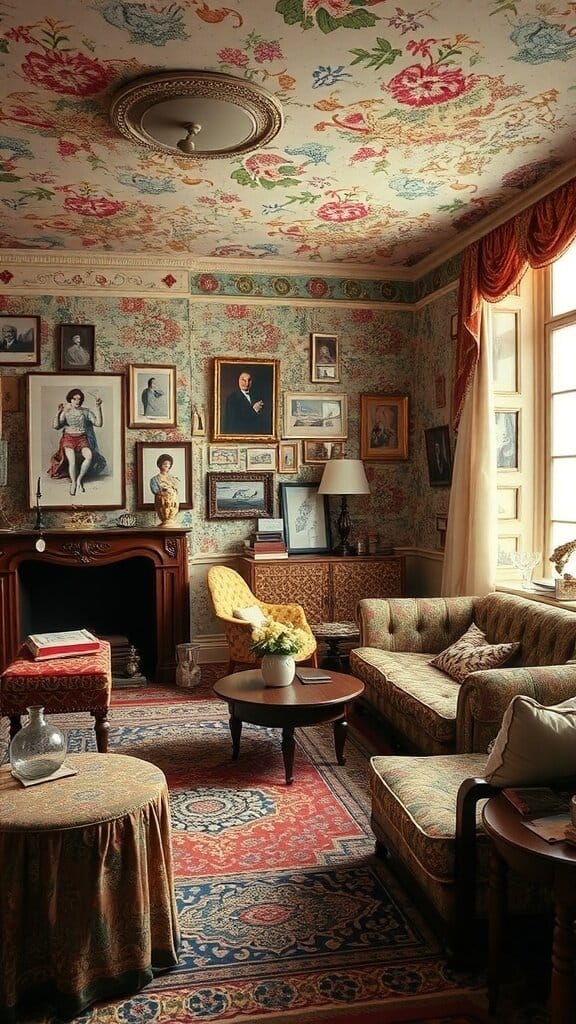 A living room with busy floral wallpaper and patterned furniture, showcasing a cluttered decor style.