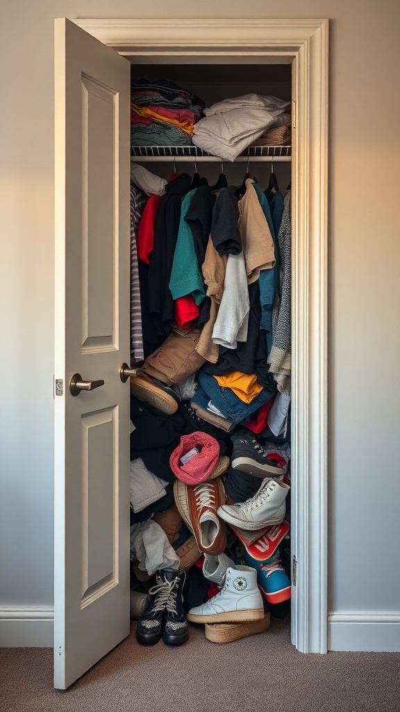 A cluttered closet overflowing with clothes and shoes, making it difficult to see the contents inside.