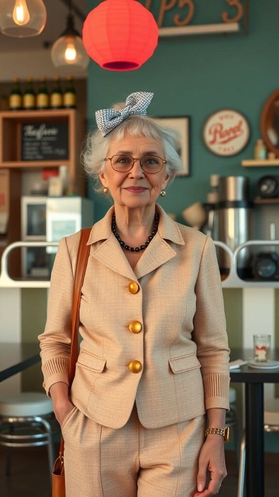 A stylish older woman wearing a beige suit with large buttons and a bow in her hair, standing in a modern cafe.