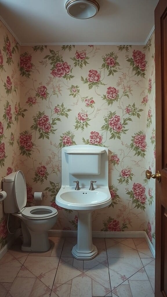 A small bathroom with faded floral wallpaper featuring large roses, a toilet, and a sink.
