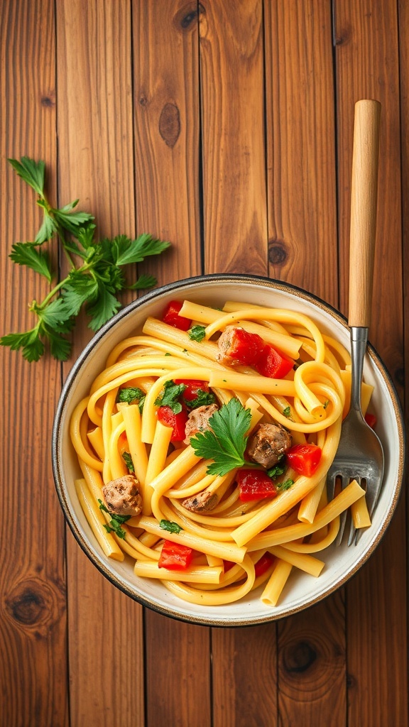 A bowl of pasta primavera with frozen vegetables on a wooden table.