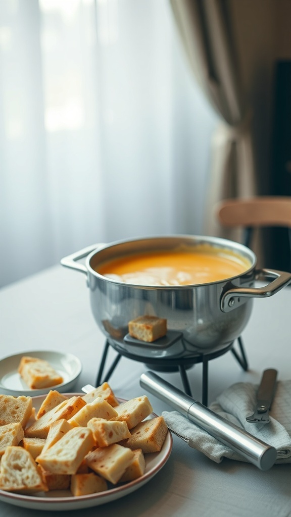 A pot of cheese fondue with bread cubes on a plate, set on a table.