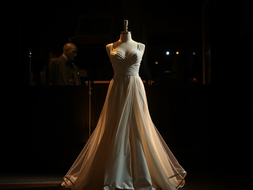 A beautiful evening gown displayed on a mannequin, featuring a fitted bodice and a flowing skirt.