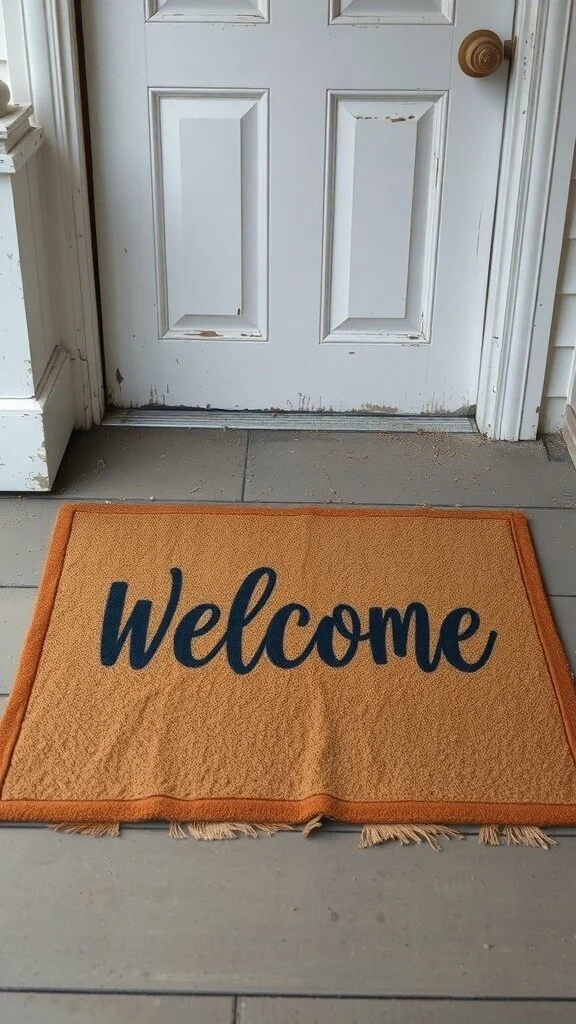 A worn-out welcome mat with frayed edges and faded letters in front of a door.