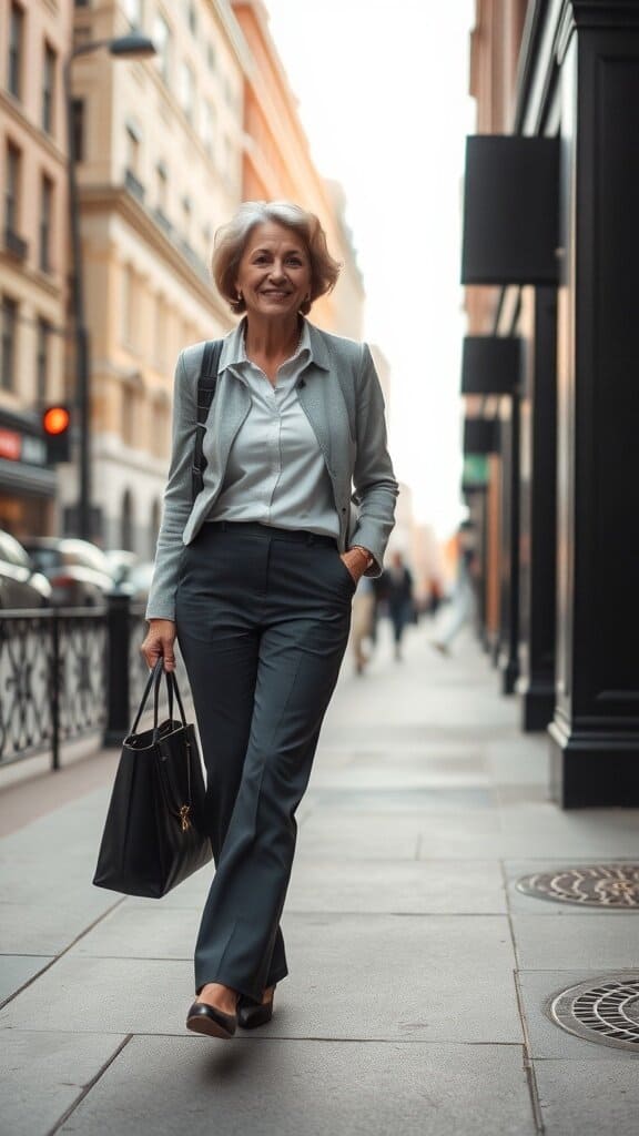 A stylish woman over 50 walking confidently in tailored trousers and a blazer on a city street.