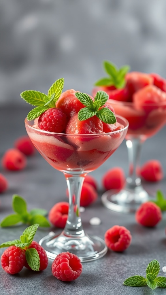 Two elegant cups filled with raspberry sorbet, garnished with mint leaves, surrounded by fresh raspberries.