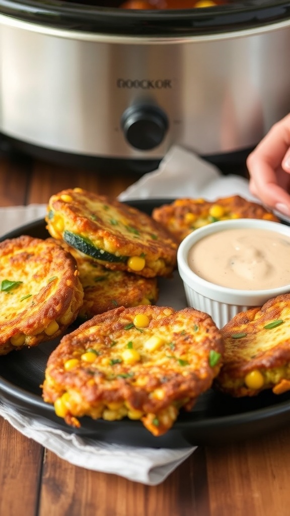 Plate of zucchini and corn fritters served with a dipping sauce