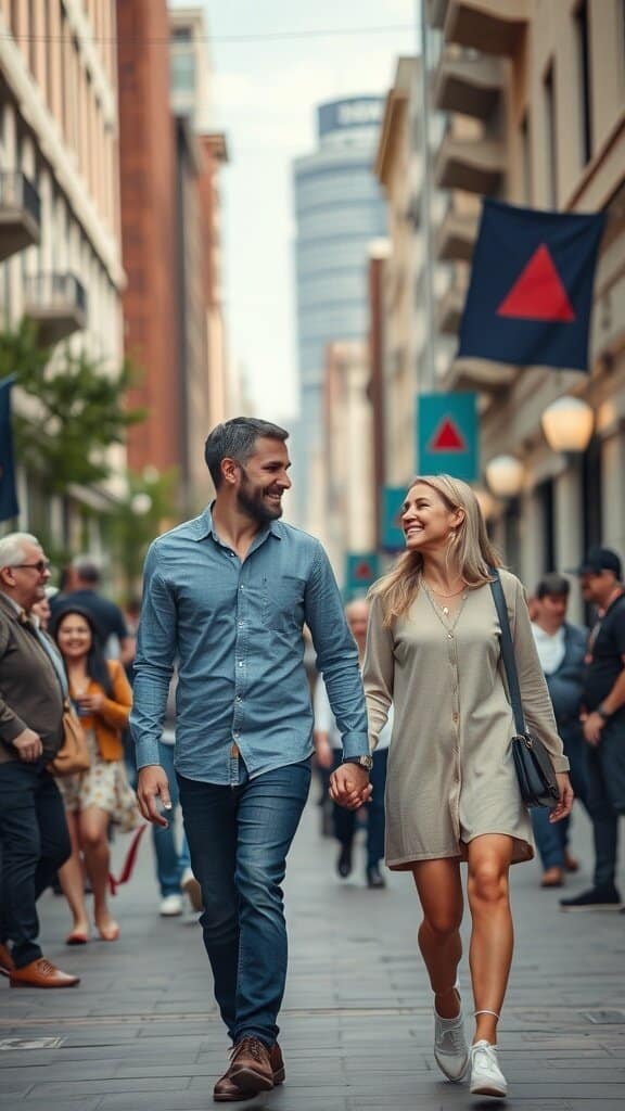 A couple walking hand in hand in a city street, smiling at each other.