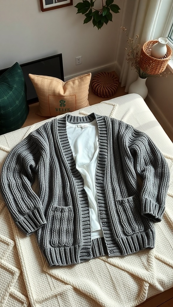 A cozy gray cardigan laid out on a textured blanket, showcasing its relaxed fit and chunky knit design.