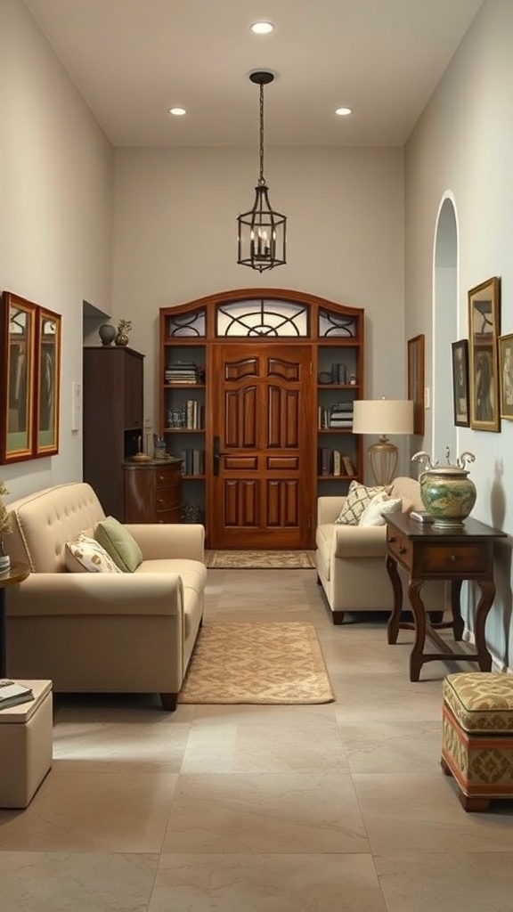 A spacious entryway featuring two light-colored sofas, a wooden door, and decorative elements.