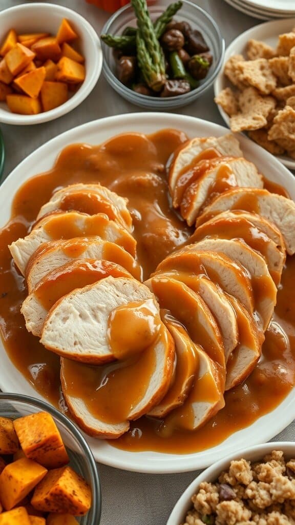 A platter of sliced turkey with gravy, surrounded by various side dishes.