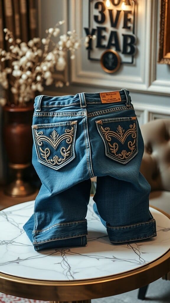 A pair of jeans with embellished pockets displayed on a table
