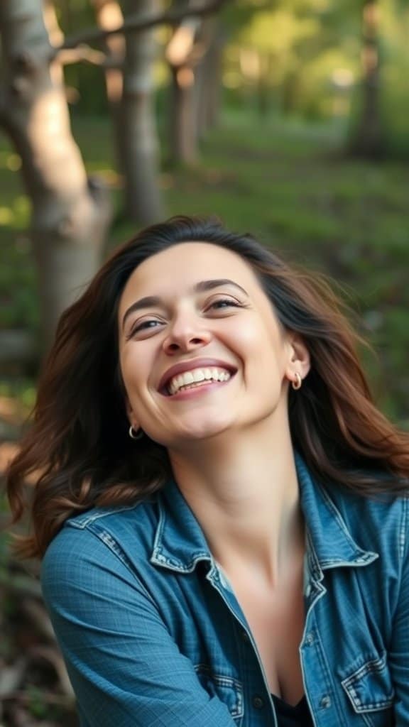 A woman laughing joyfully in a natural setting, showcasing authenticity and confidence.