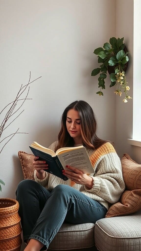 A woman reading a book while sitting comfortably on a couch, surrounded by plants.