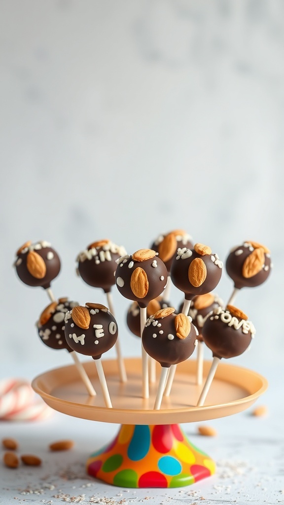 Colorful platter of Almond Joy Cake Pops topped with almonds and white sprinkles.
