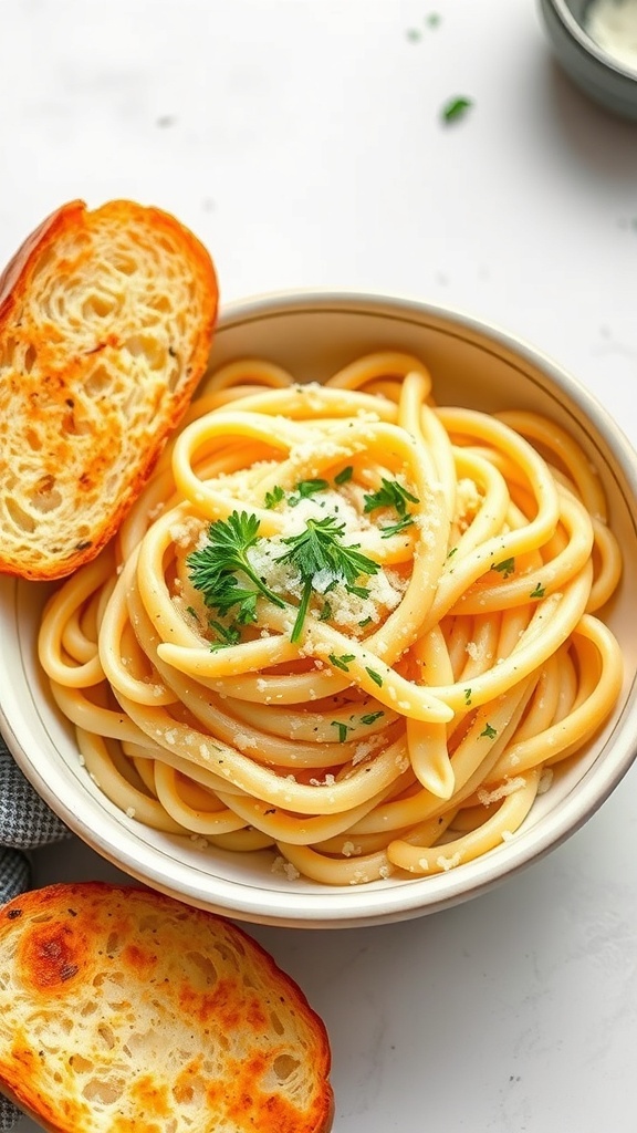 A bowl of creamy garlic parmesan pasta with a side of toasted bread.