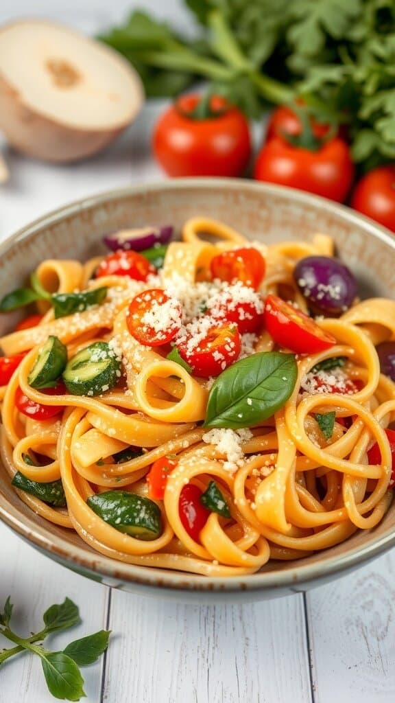 A bowl of Pasta Primavera with fresh vegetables including cherry tomatoes, zucchini, and spinach, garnished with basil and Parmesan cheese.