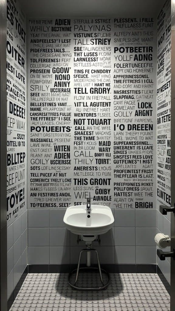 A bathroom with walls covered in various motivational quotes.
