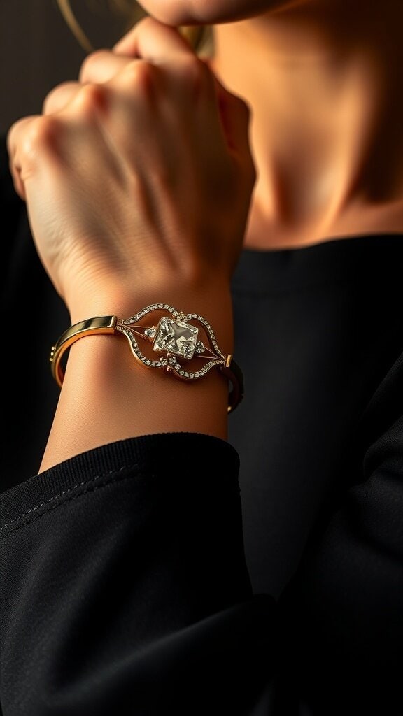 A close-up of a woman's hand wearing a classic watch and layered bracelets, showcasing refined accessories.
