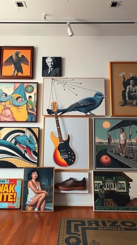A wall filled with various pieces of heavy wall art, including paintings and photographs.