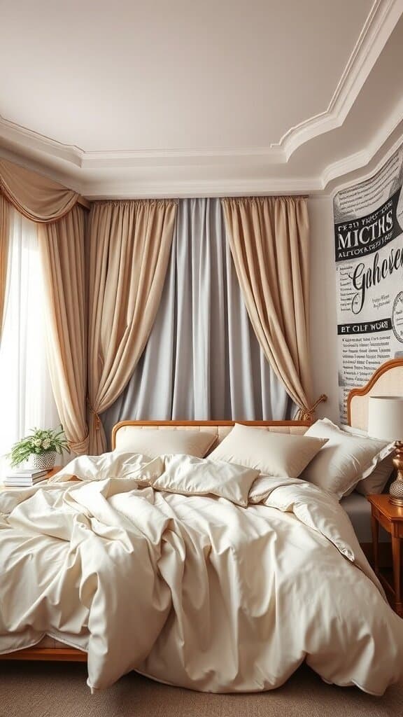 A cozy bedroom featuring satin curtains and bedding in soft colors.