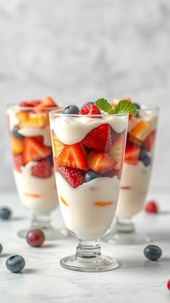 Colorful layered fruit cups with strawberries, blueberries, and raspberries topped with yogurt and mint.