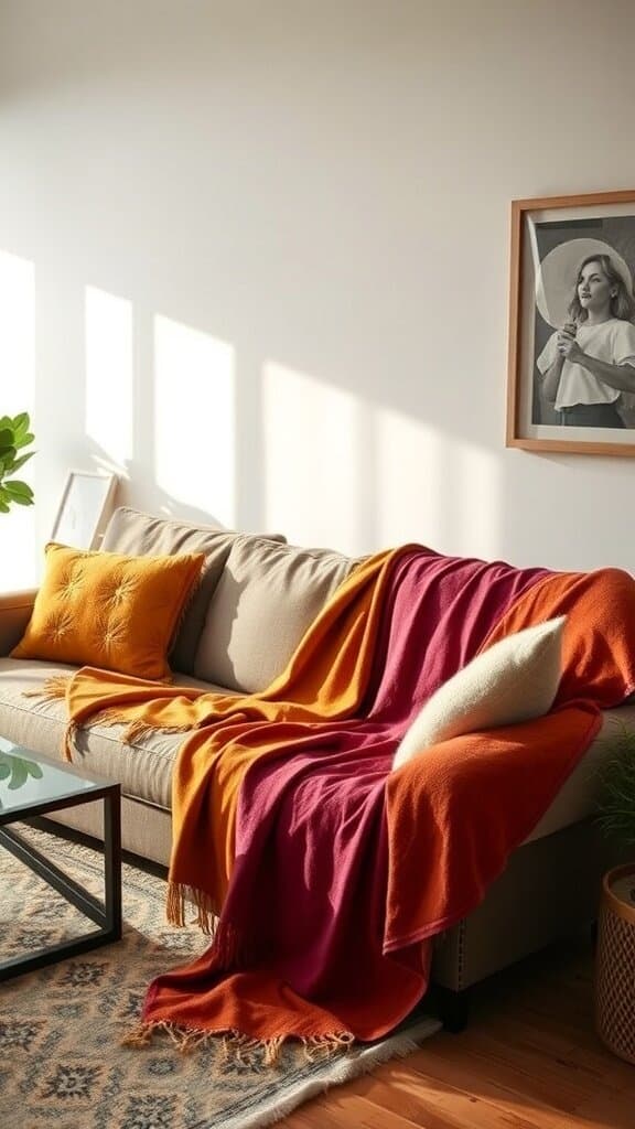 A cozy living room sofa with colorful throws and cushions, creating a warm atmosphere.