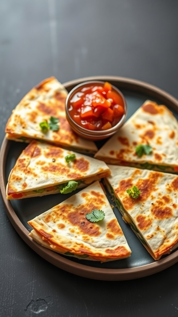 A plate of crispy veggie quesadillas served with salsa.