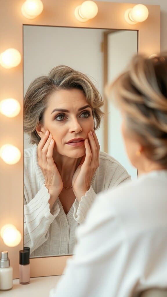 A woman looking at herself in a mirror with soft lighting, reflecting on her makeup choices.