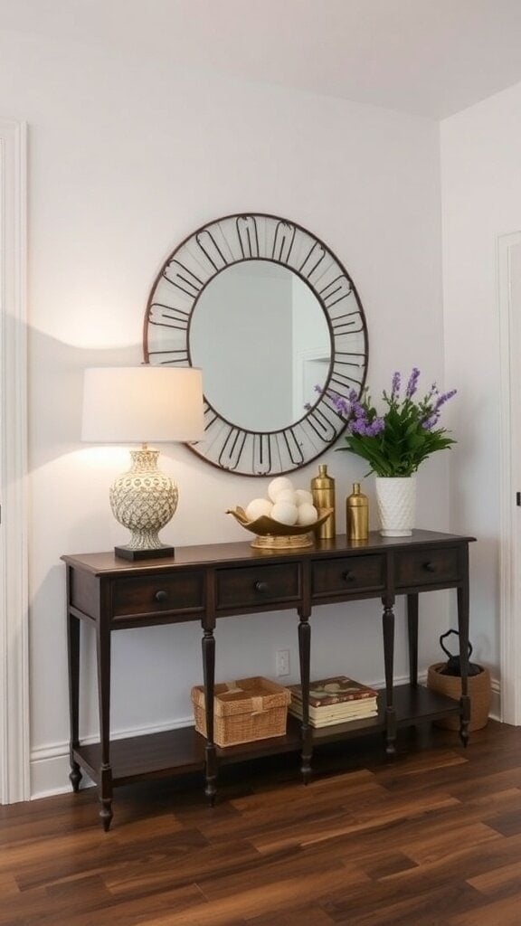 A stylish entryway featuring a console table, lamp, mirror, and a vase of flowers.