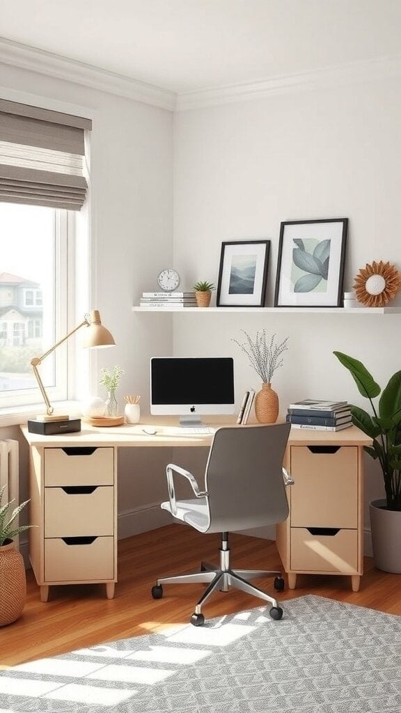 A bright and functional home office with a desk, chair, and decorative elements.