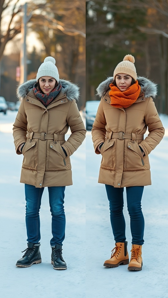 Comparison of two winter outfits featuring the same coat, showcasing different fits and styles.